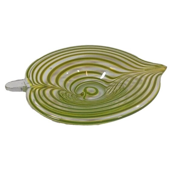 Mid Century Murano Centerpiece Bowl Tyra Lundgren Leaf Stripes Green Yellow - Picture 12 of 16